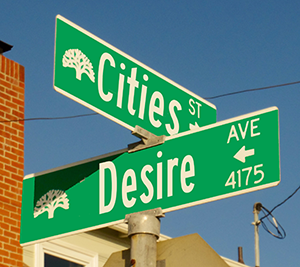 Cities and Desire street sign logo